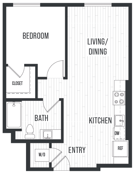 Floor plan 1D. One bedroom, one bath at Sixth & Jackson Apartments in Japantown, San Jose.